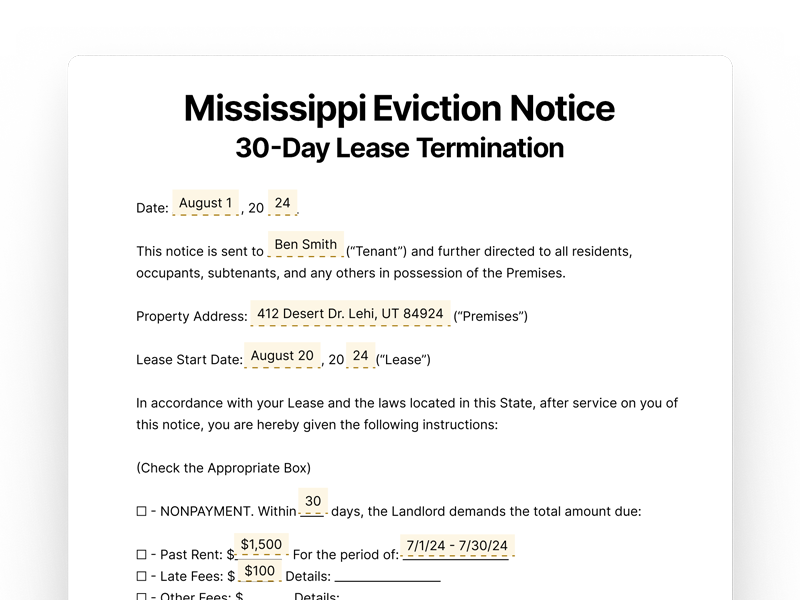 Mississippi 30-Day Eviction Notice Lease Termination Form Mississippi 30 Day Lease Termination