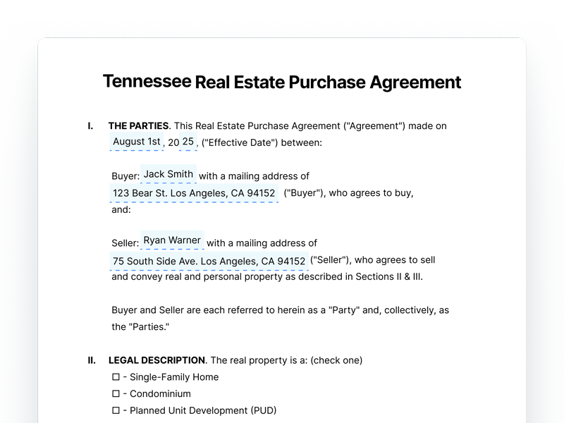 Tennessee Real Estate Purchase Agreement Document Tennessee Real Estate Purchase Agreement