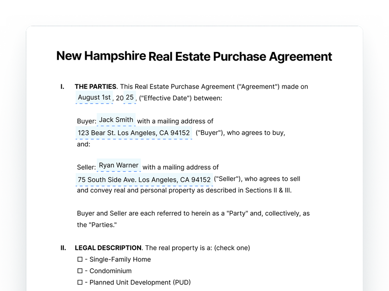 New Hampshire Real Estate Purchase Agreement Form New Hampshire Real Estate Purchase Agreement