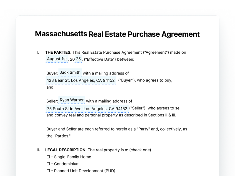Massachusetts Real Estate Purchase Agreement Document Massachusetts Real Estate Purchase Agreement