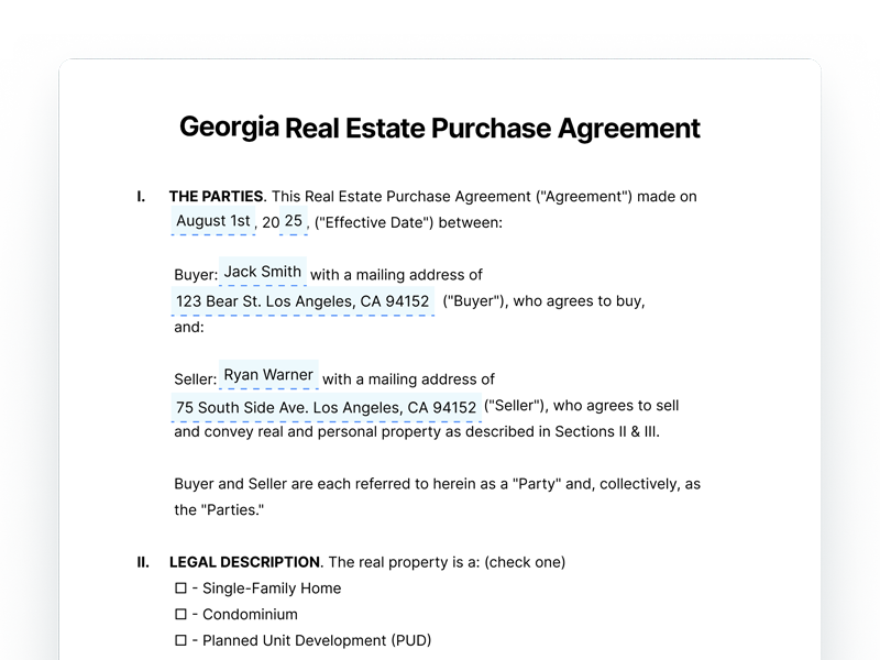 Georgia Real Estate Purchase Agreement Template Georgia Residential Real Estate Purchase Agreement