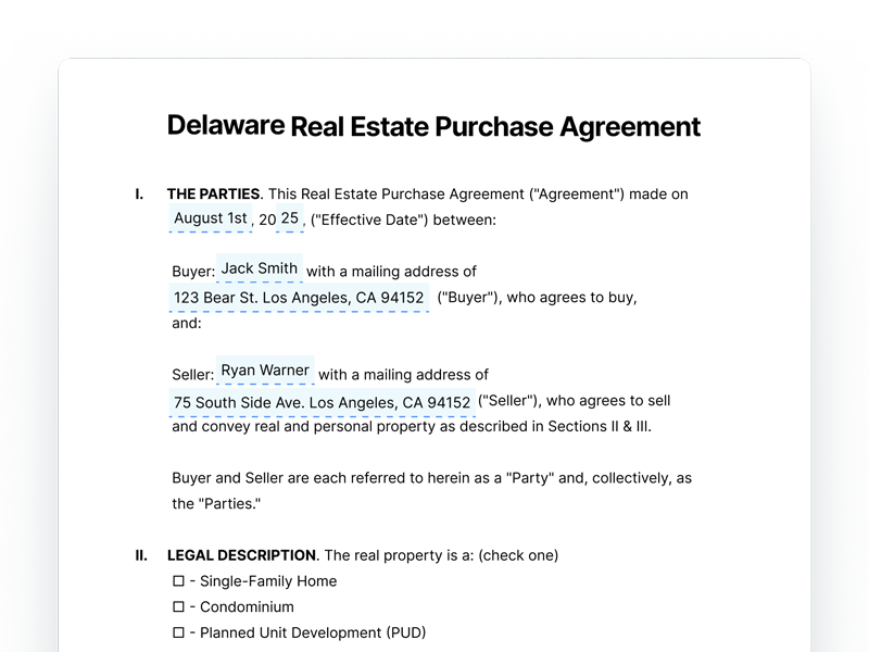 Delaware Real Estate Purchase Agreement Document Delaware Real Estate Purchase Agreement
