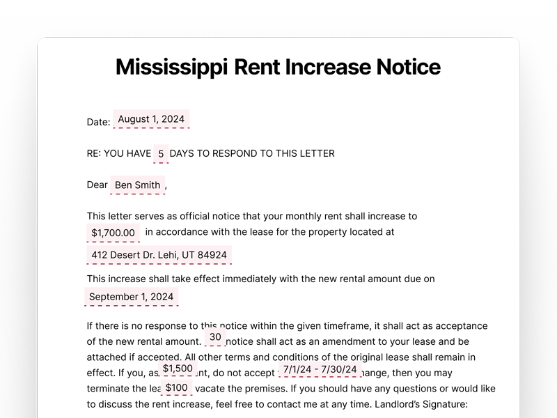 Mississippi Rent Increase Notice Mississippi Rent Increase Notice