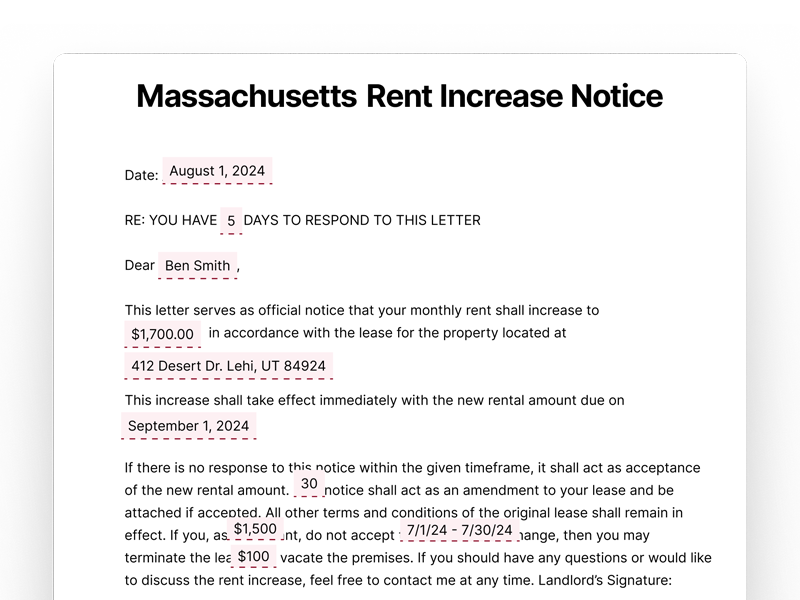 Massachusetts Rent Increase Notice Massachusetts Rent Increase Notice template with fields for date, tenant name, property address, and new rental amount