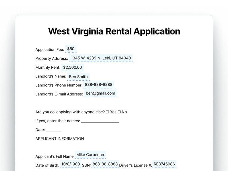 West Virginia Rental Application Form West Virginia Rental Application