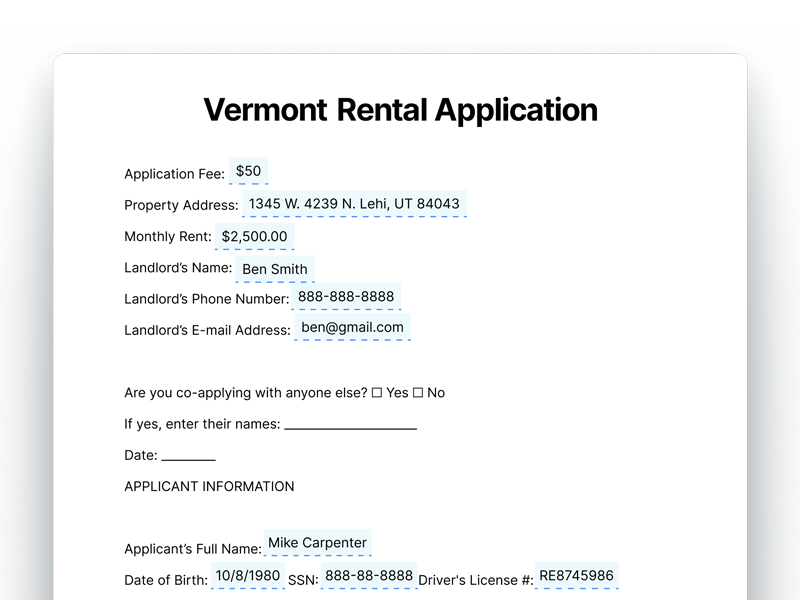 Vermont Rental Application Form for Landlords Vermont Rental Application