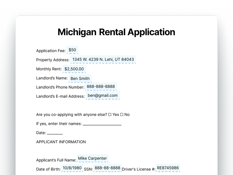 Michigan Rental Application Form for Tenants Michigan Rental Application