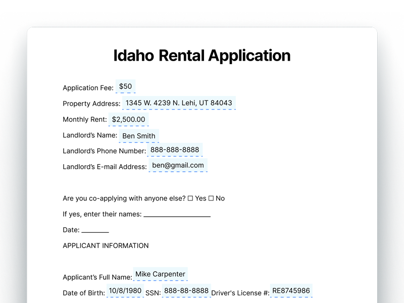 Idaho Rental Application Form for Landlords Idaho Rental Application