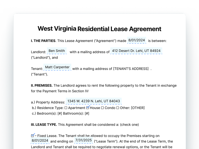West Virginia Residential Lease Agreement Template West Virginia Residential Lease Agreement