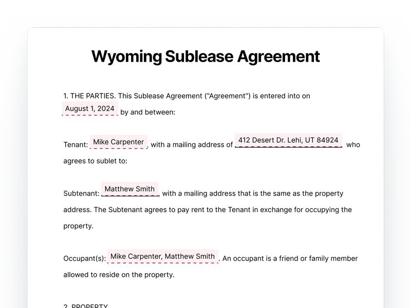 Wyoming Sublease Agreement Template Document Wyoming Sublease Agreement