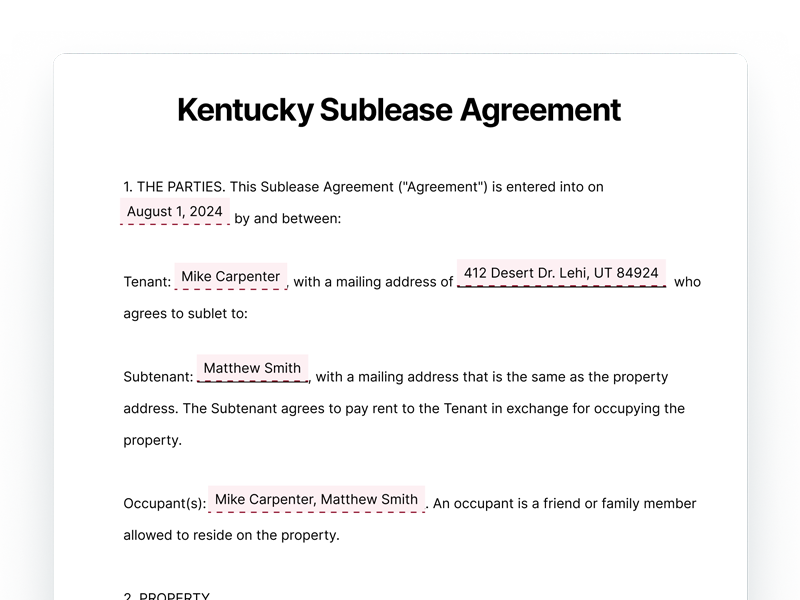 Kentucky Sublease Agreement Template Document Kentucky Sublease Agreement