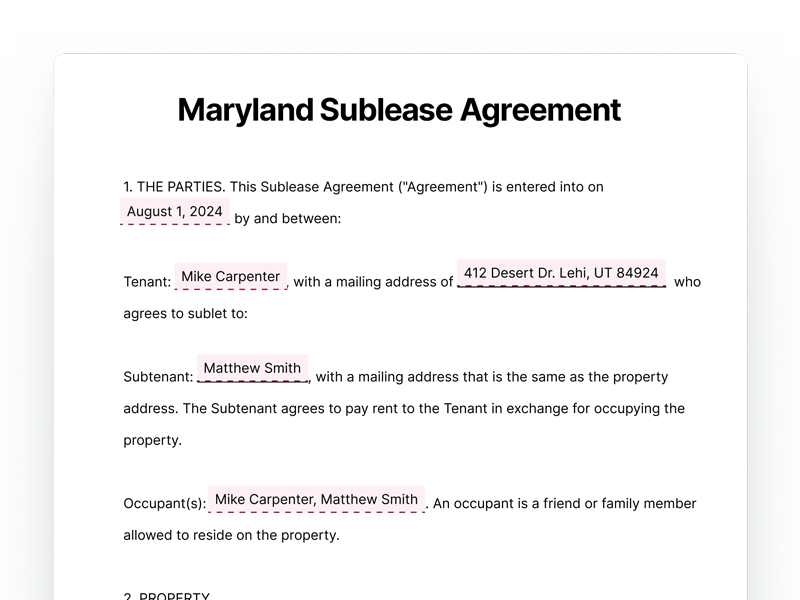 Maryland Sublease Agreement Template Document Maryland Sublease Agreement
