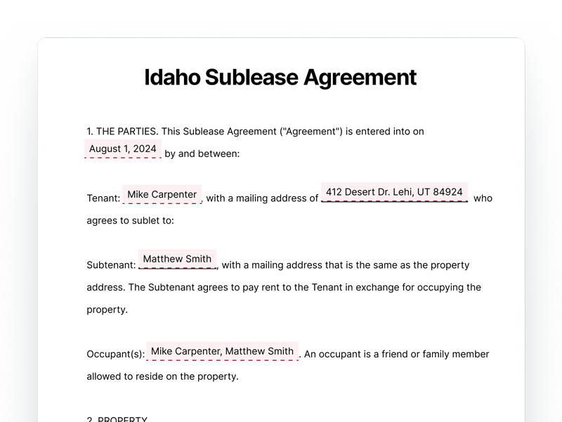 Idaho Sublease Agreement Template Document Idaho Sublease Agreement