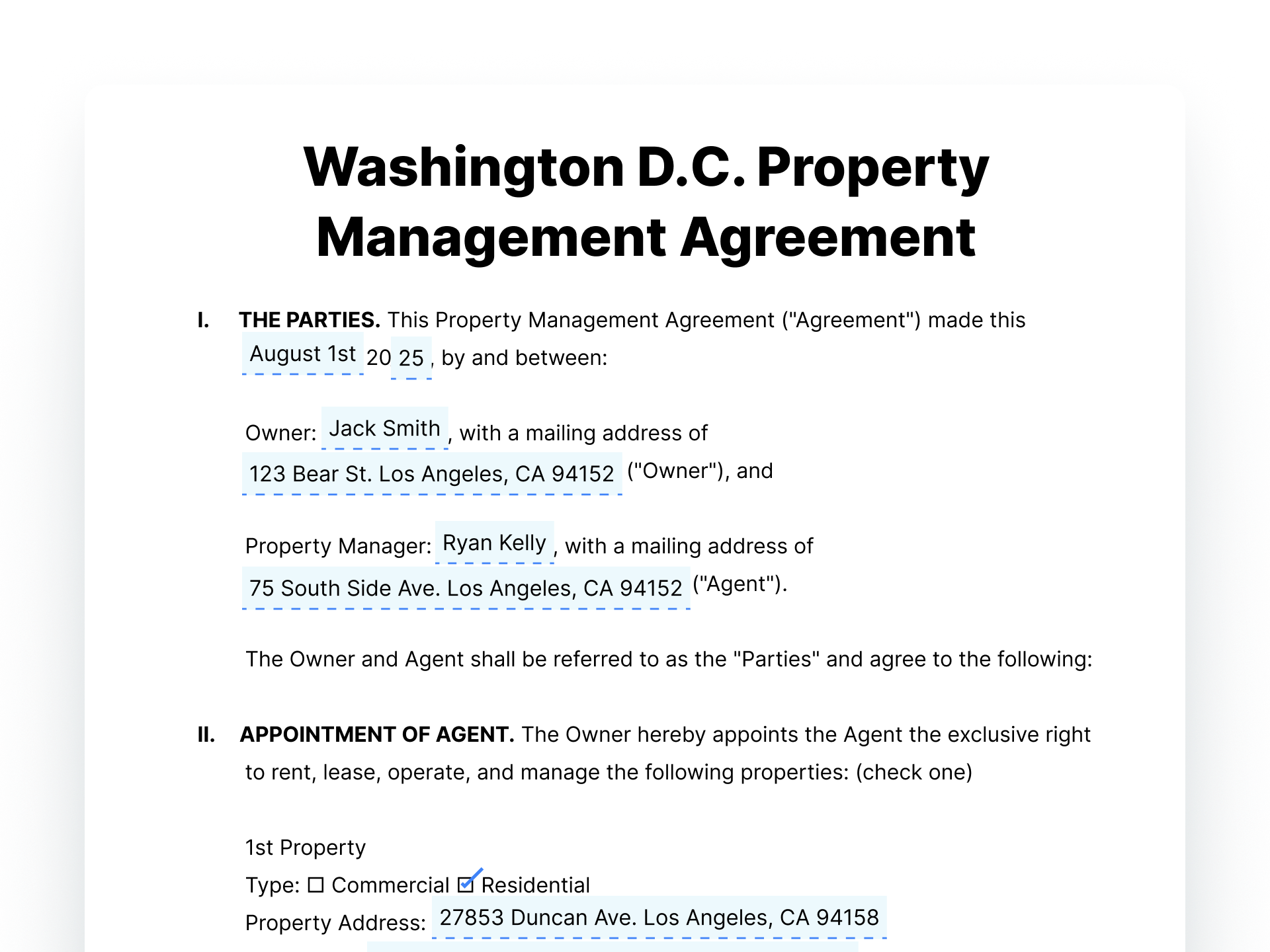 Washington D.C. Property Management Agreement