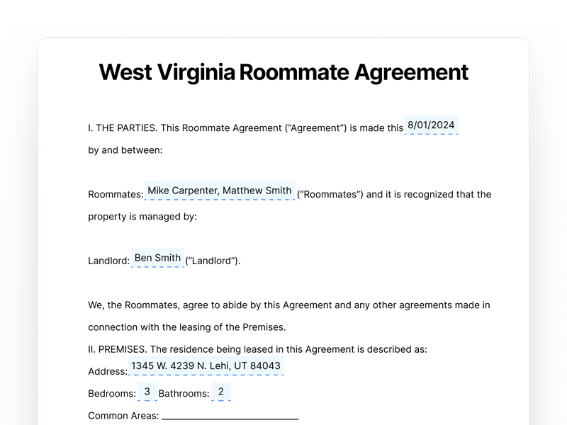 West Virginia Roommate Agreement Template West Virginia Roommate Arrangement