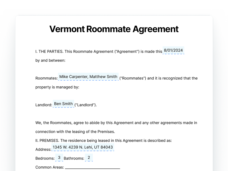 Vermont Roommate Agreement Template Document Vermont Roommate Agreement