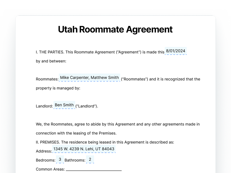 Utah Roommate Agreement Template Document Utah Roommate Agreement