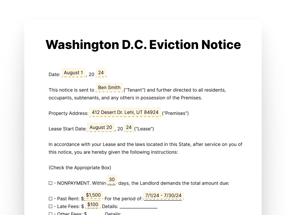 Washington D.C. Eviction Notice Template District of Columbia Eviction Notice