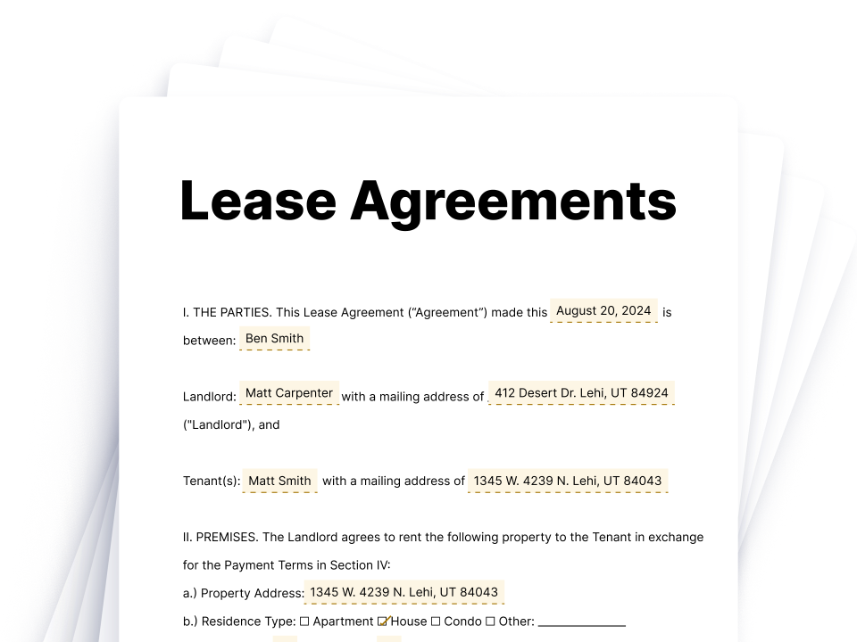 Lease Agreements (1) Lease agreement document showing landlord, tenant, and property address fields