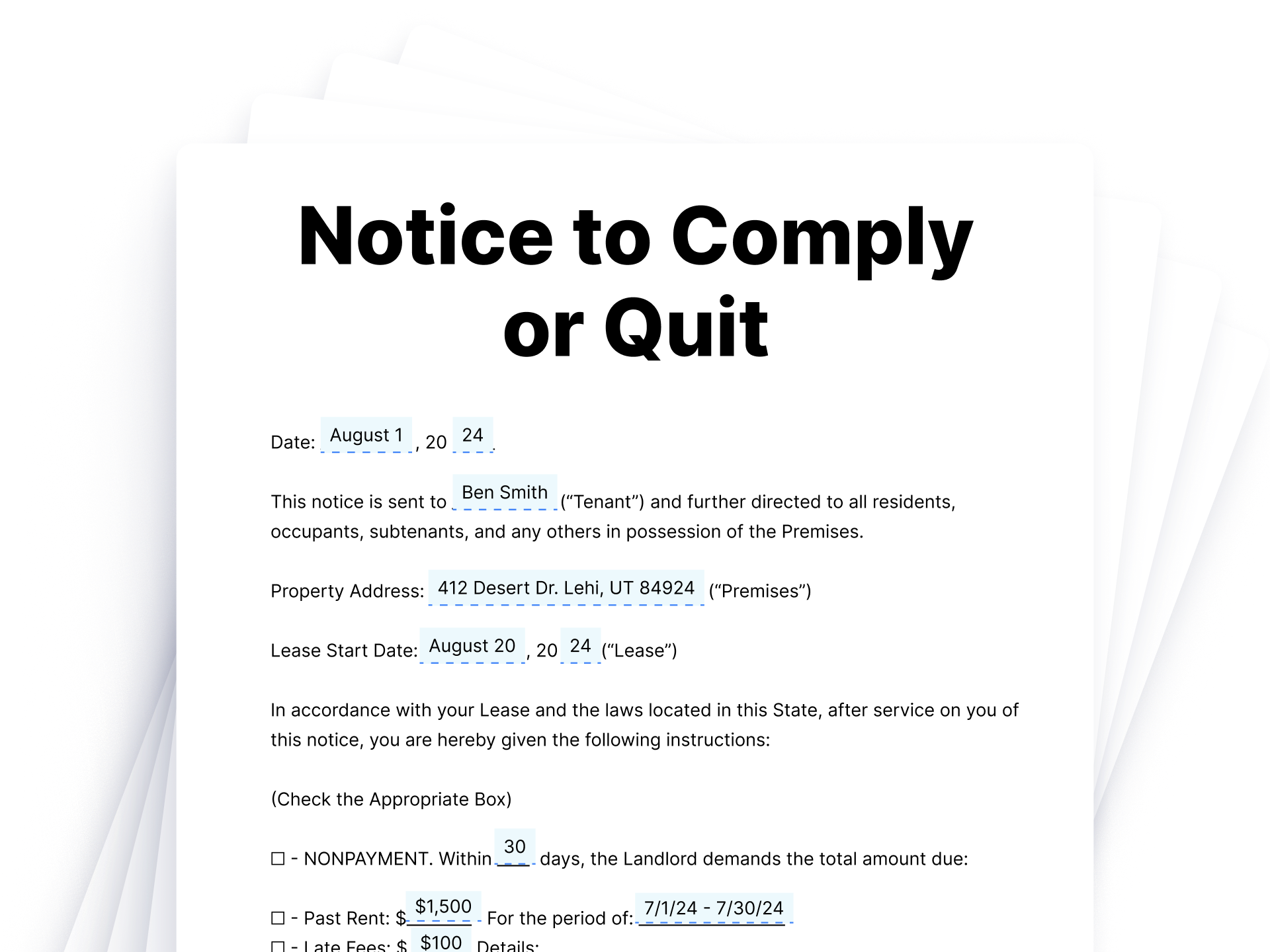 Notice to Comply or Quit Legal Document Notice to Comply or Quit