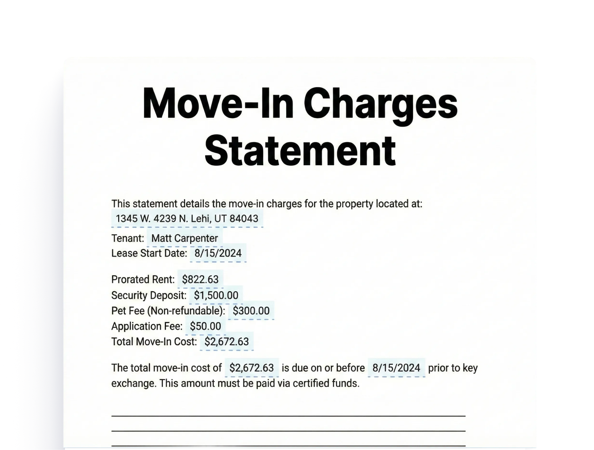 Move-In Charges Statement for New Tenant Move-In Charges Statement