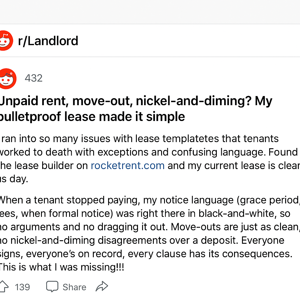 Reddit Testimonial Praising Rocket Rent Leases Reddit r/Landlord post praising rocketrent.com lease builder for clear, dispute-free lease agreements