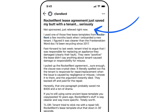 Reddit post praising RocketRent's lease agreement template for protecting a landlord against a tenant's false repair claim