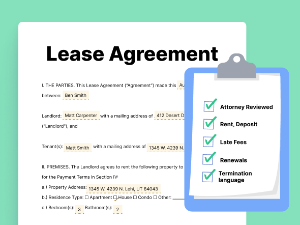 Lease agreement document with tenant and landlord details highlighted, next to a checklist of attorney reviewed, rent, deposit, late fees, renewals, and termination language