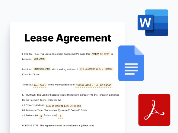 Lease agreement document open in Microsoft Word, shown alongside Word, Google Docs, and Adobe Acrobat icons