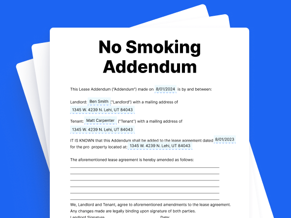 No Smoking Addendum lease document with fields for landlord, tenant, property address, and signatures