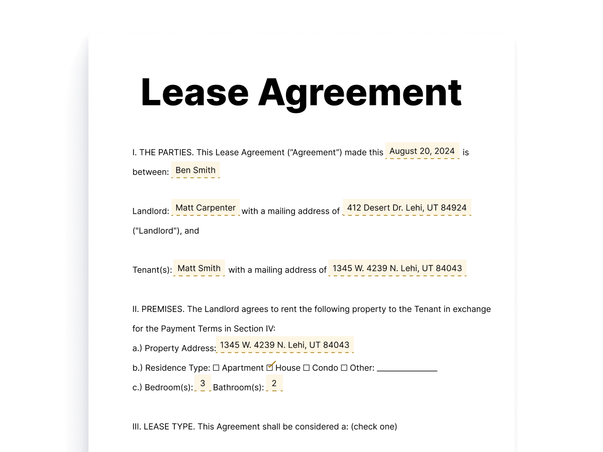Completed Lease Agreement Example Form Sample lease agreement form with tenant and landlord details filled in