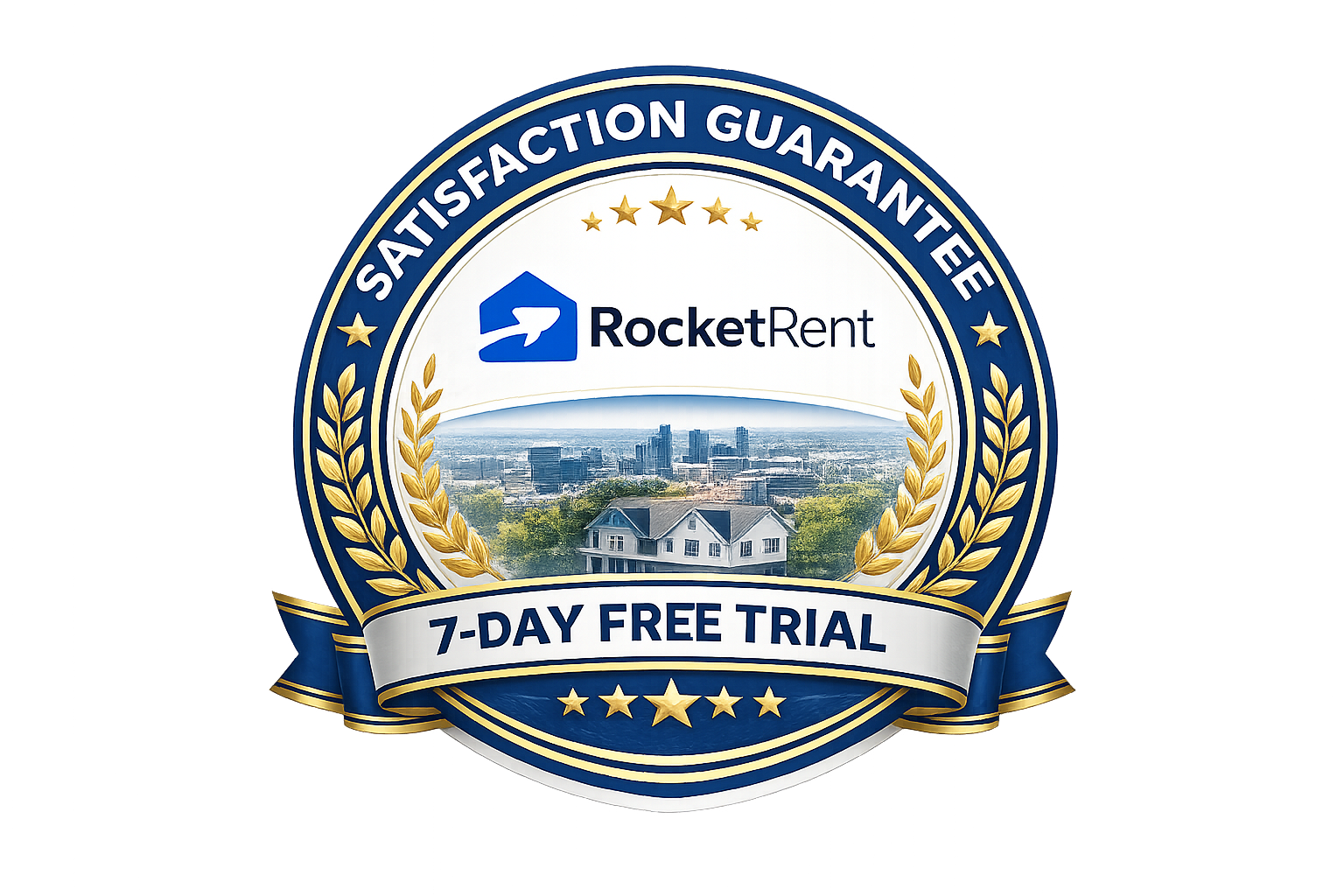 image RocketRent satisfaction guarantee badge with 7-day free trial offer