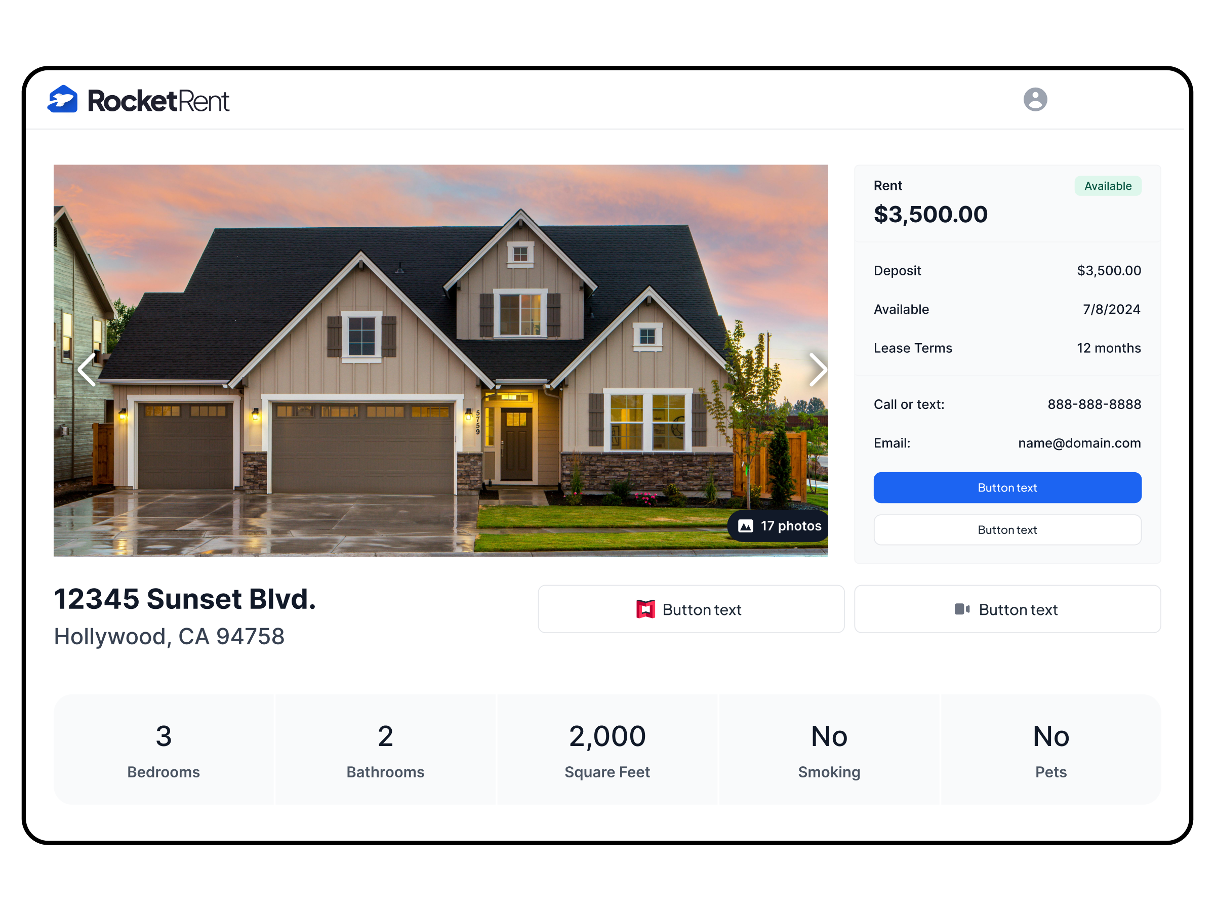 Rental Property Listing Dashboard View RocketRent dashboard showing a rental property listing with rent price, tenant details, and property address
