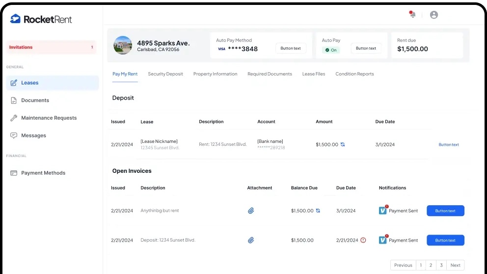 Tenant portal dashboard showing lease details, deposit, and open invoices for a rental property