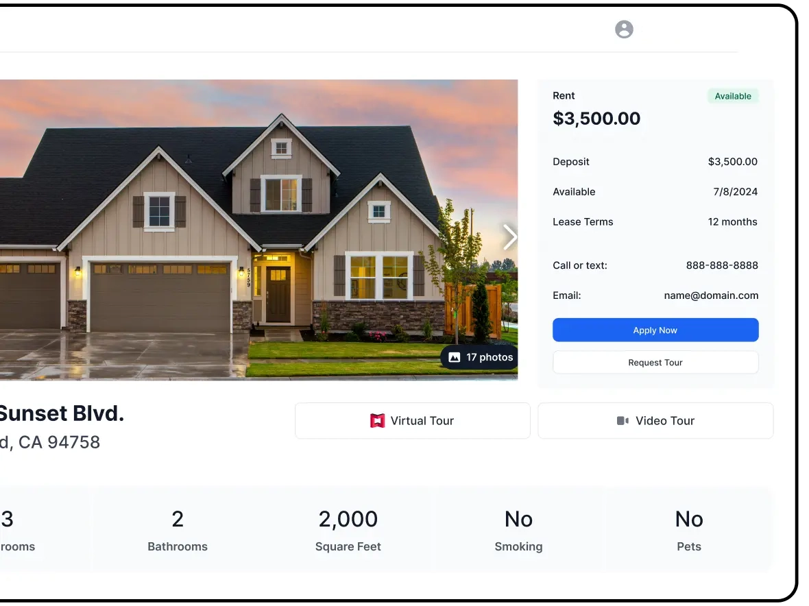 RocketRent property listing page showing a rental home with pricing, availability, and tenant application options